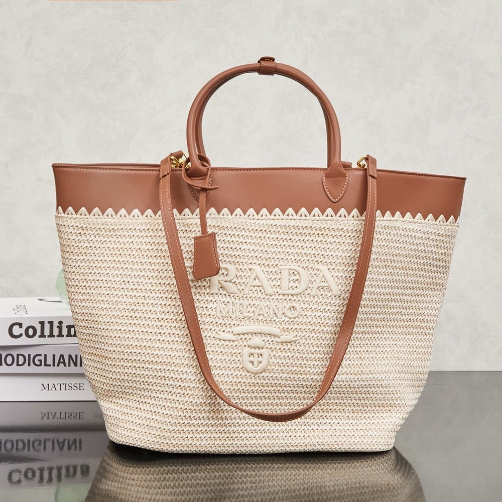 Prada Raffia & Leather Trimmed Tote Bag